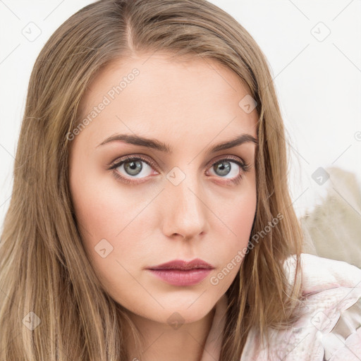 Neutral white young-adult female with long  brown hair and green eyes