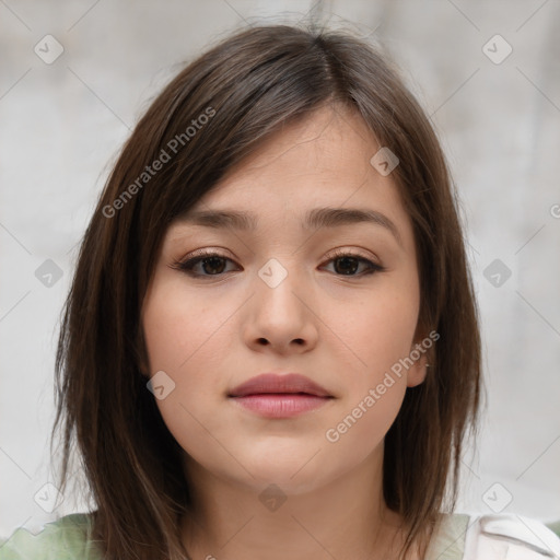 Neutral white young-adult female with medium  brown hair and brown eyes