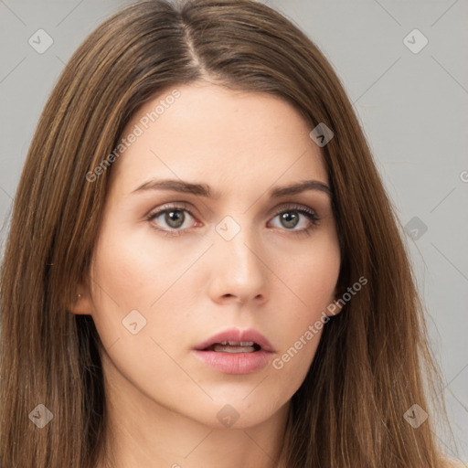 Neutral white young-adult female with long  brown hair and brown eyes