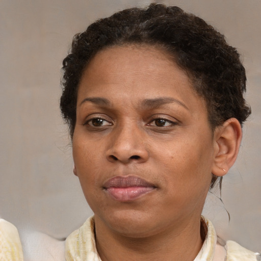 Joyful black adult female with short  brown hair and brown eyes