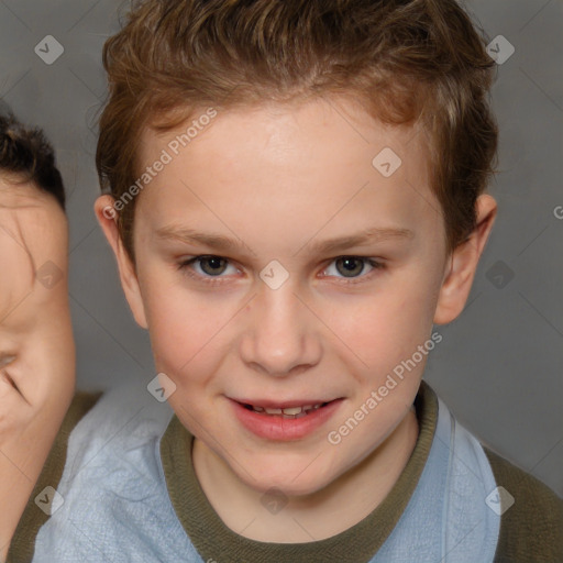 Joyful white child female with short  brown hair and brown eyes