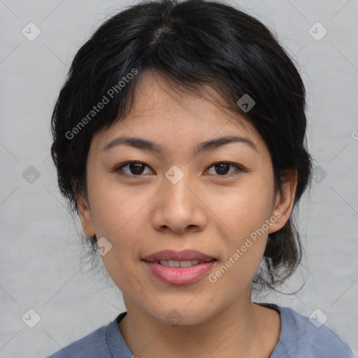 Joyful asian young-adult female with medium  black hair and brown eyes