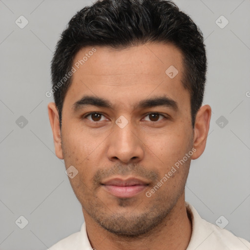Joyful asian young-adult male with short  black hair and brown eyes