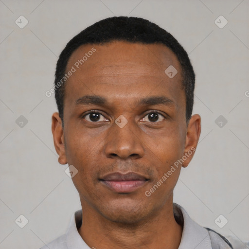 Neutral black young-adult male with short  black hair and brown eyes