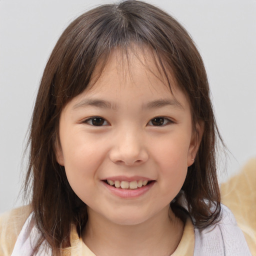Joyful white child female with medium  brown hair and brown eyes