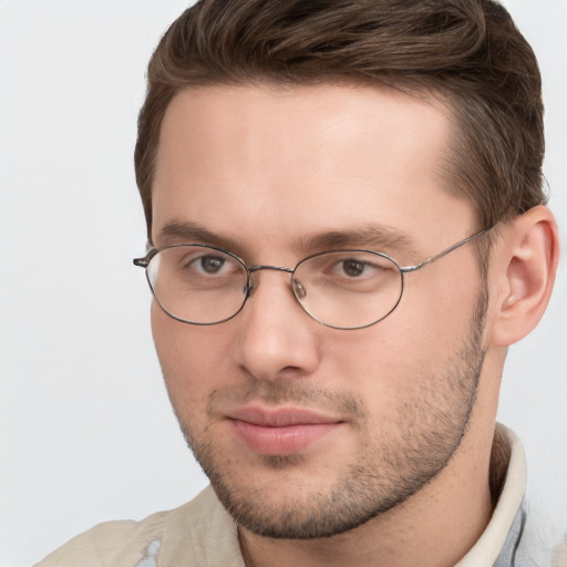 Neutral white young-adult male with short  brown hair and brown eyes