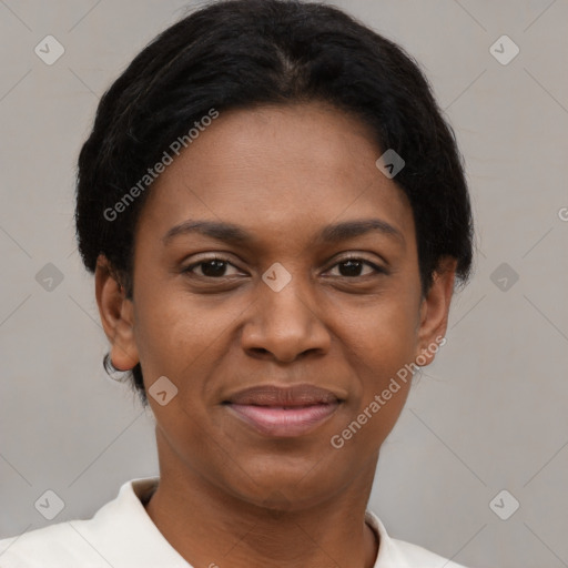 Joyful black young-adult female with short  black hair and brown eyes