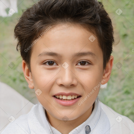 Joyful white child male with short  brown hair and brown eyes