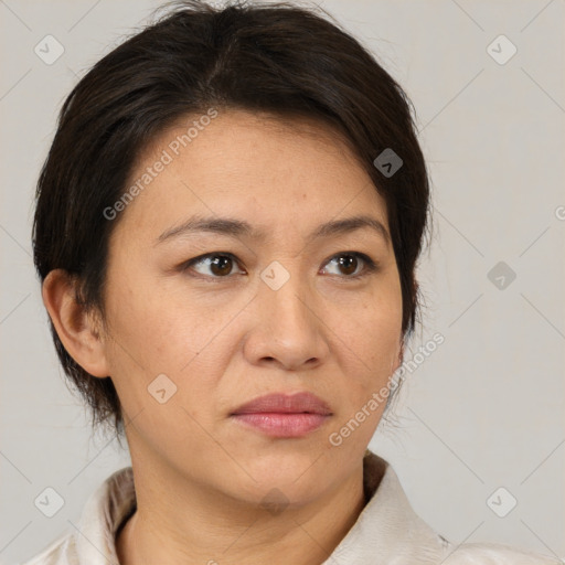 Neutral white adult female with medium  brown hair and brown eyes