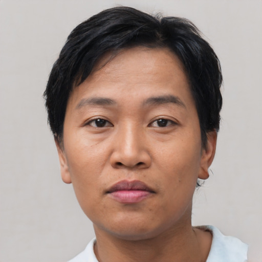 Neutral asian adult male with short  black hair and brown eyes