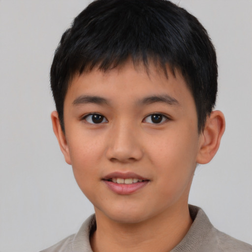 Joyful asian child male with short  brown hair and brown eyes