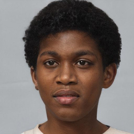 Neutral black young-adult female with short  black hair and brown eyes
