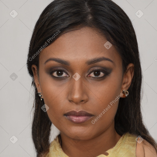 Neutral asian young-adult female with long  brown hair and brown eyes