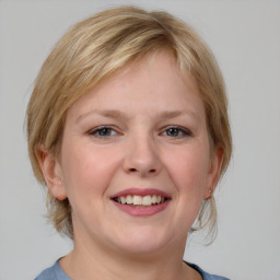 Joyful white young-adult female with medium  brown hair and blue eyes