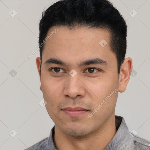 Neutral latino young-adult male with short  black hair and brown eyes