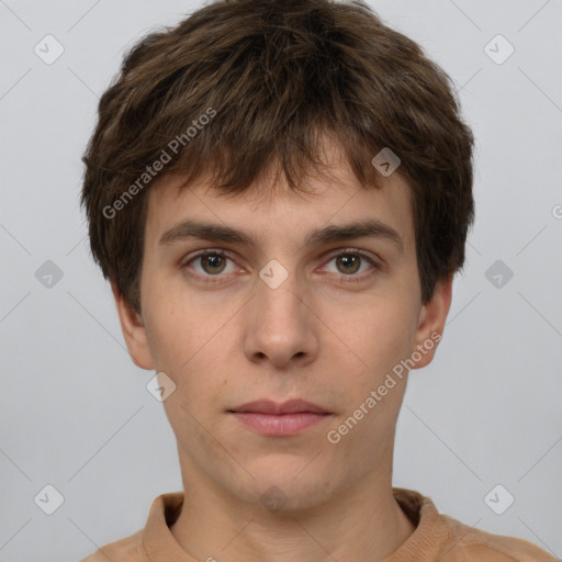 Neutral white young-adult male with short  brown hair and brown eyes