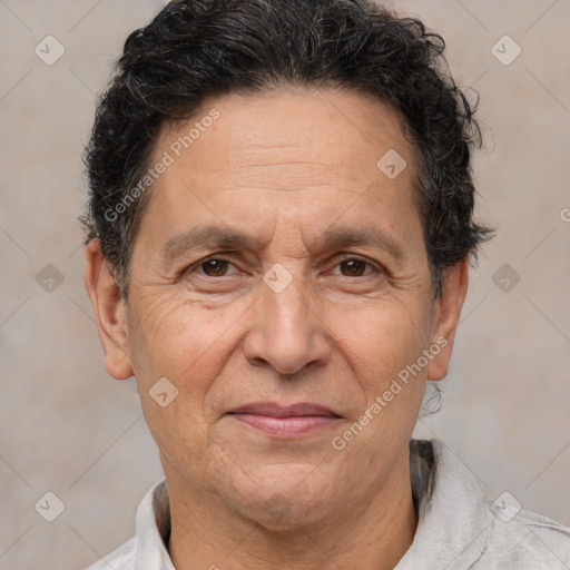 Joyful white middle-aged male with short  brown hair and brown eyes