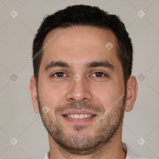 Joyful white young-adult male with short  brown hair and brown eyes