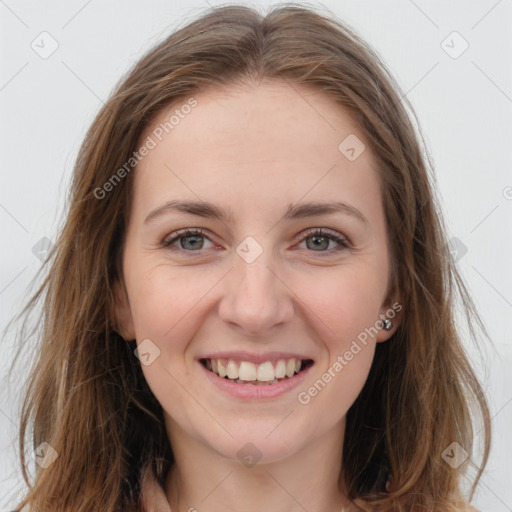 Joyful white young-adult female with long  brown hair and grey eyes