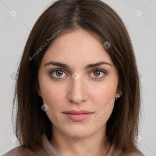 Neutral white young-adult female with medium  brown hair and brown eyes