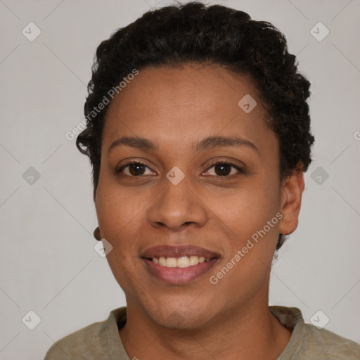 Joyful latino young-adult female with short  brown hair and brown eyes