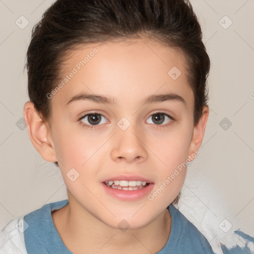 Joyful white child female with medium  brown hair and brown eyes