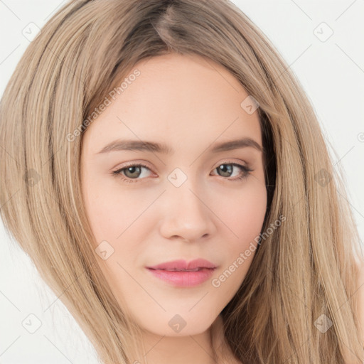 Neutral white young-adult female with long  brown hair and brown eyes