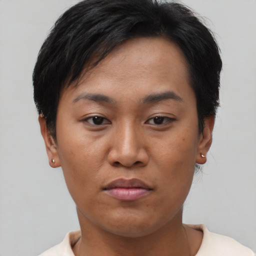 Neutral asian young-adult female with short  brown hair and brown eyes