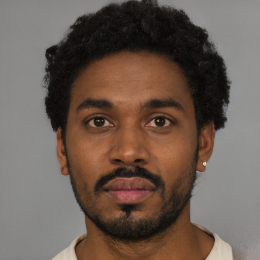 Neutral black young-adult male with short  black hair and brown eyes