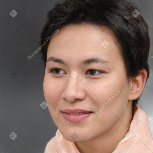 Joyful white young-adult female with short  brown hair and brown eyes