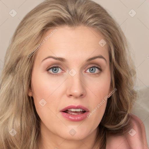 Joyful white young-adult female with long  brown hair and blue eyes