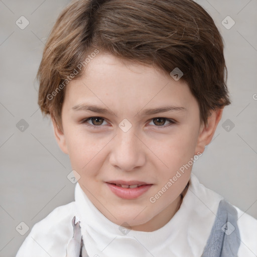 Joyful white child female with short  brown hair and brown eyes