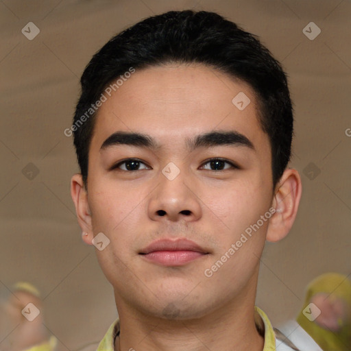 Neutral white young-adult male with short  brown hair and brown eyes