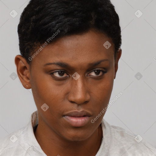 Neutral black young-adult female with short  brown hair and brown eyes