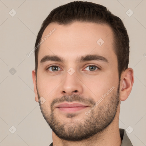 Neutral white young-adult male with short  brown hair and brown eyes