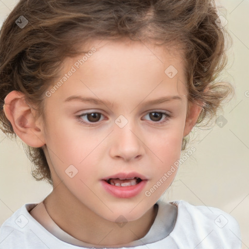 Joyful white child female with short  brown hair and brown eyes