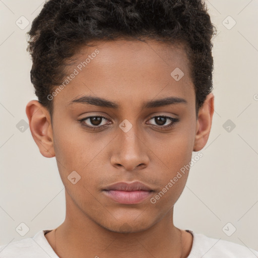 Neutral white young-adult female with short  brown hair and brown eyes