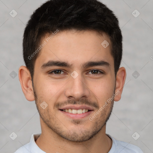 Joyful white young-adult male with short  brown hair and brown eyes