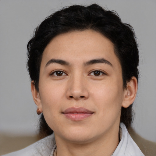 Neutral latino young-adult female with short  black hair and brown eyes