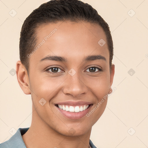 Joyful white young-adult female with short  brown hair and brown eyes