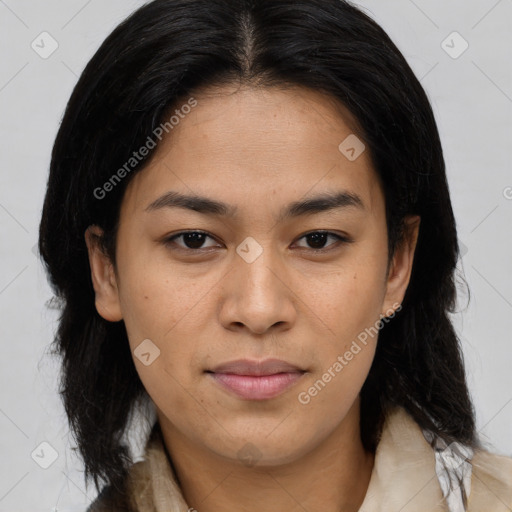 Joyful asian young-adult female with medium  brown hair and brown eyes