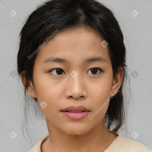 Neutral asian young-adult female with medium  brown hair and brown eyes