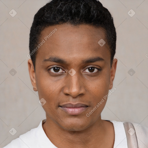 Neutral black young-adult male with short  black hair and brown eyes