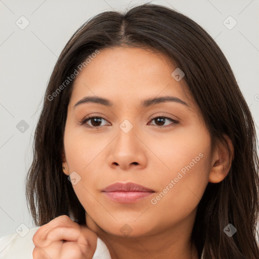 Neutral white young-adult female with long  brown hair and brown eyes