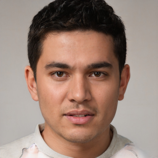 Neutral white young-adult male with short  black hair and brown eyes