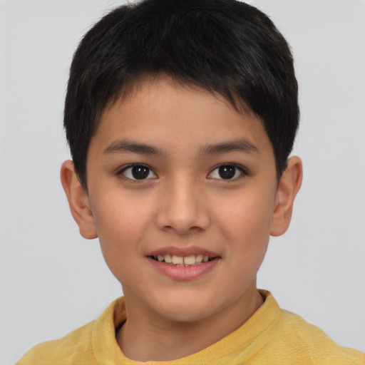 Joyful asian child female with short  brown hair and brown eyes