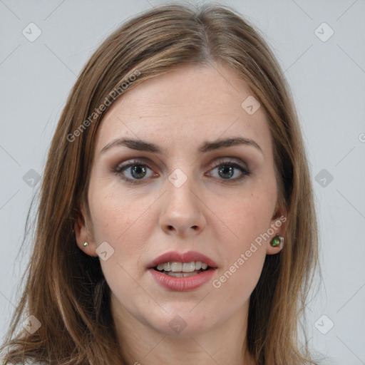 Joyful white young-adult female with long  brown hair and grey eyes