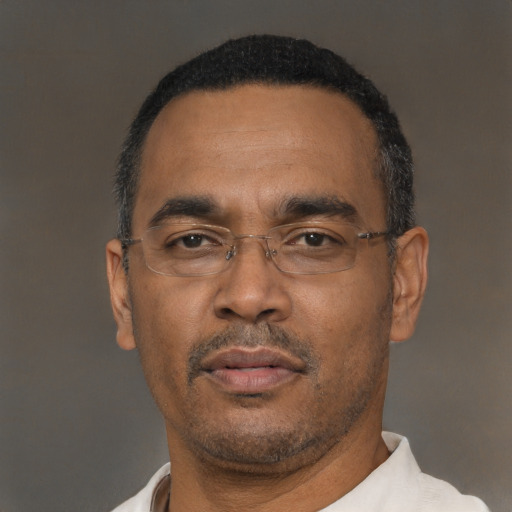 Neutral black adult male with short  black hair and brown eyes
