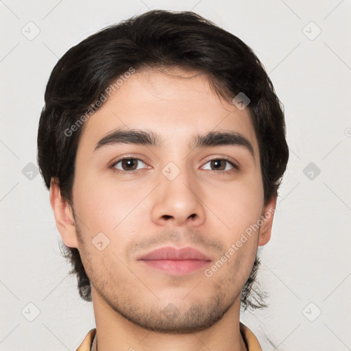 Neutral asian young-adult male with short  brown hair and brown eyes