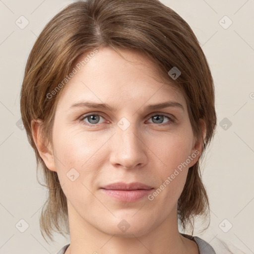 Neutral white young-adult female with medium  brown hair and grey eyes